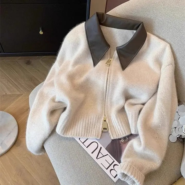 Dahliah | Eleganter Strickpullover mit Kunstlederkragen